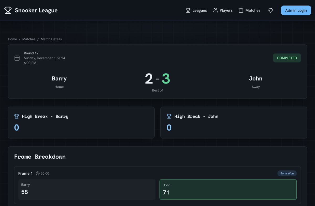 A match detail page with frame-by-frame breakdown and high breaks for both players